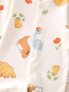 Newborn Baby Cute Cartoon Animal Print Front Button Romper, Infant Long Sleeve Jumpsuit, Suitable For Spring/Autumn Outdoor & Indoor Wear - Beige - View 6