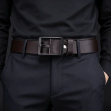 1條男士商務休閒牛仔褲腰帶，簡約復古針扣軟皮革腰帶，百搭 - 扣黑扣咖帶 - 查看 2