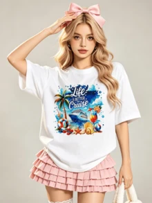 Women's Summer Casual Soft Round Neck Short Sleeve T-Shirt,Life Is Better On A Cruise Print Graphic Suitable For Spring Summer. - 白色 - 查看 4