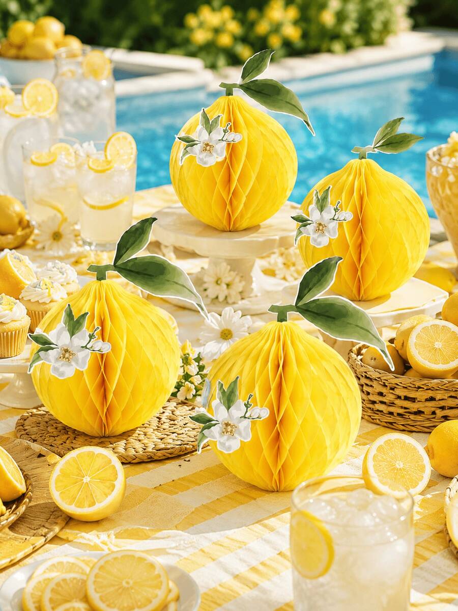 1 Set Lemon Honeycomb Decoration Kit, Suitable For Summer Wedding Centerpiece Decor, Honeycomb Ball Party Favor Paper Honeycomb Lemon Tabletop Decoration - Style a - View 1