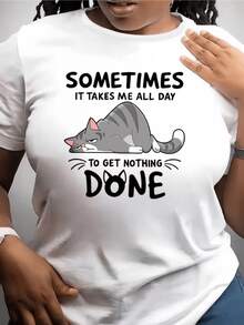 Gray Cat Lying Down Representing The Laziness Of Quiet Days With Fun Phrases That Invite You To Relax While Enjoying Rest. Comfortable Casual Women's T-Shirt For Everyday Wear - 白色 - 查看 1