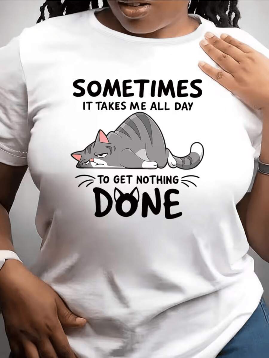 Gray Cat Lying Down Representing The Laziness Of Quiet Days With Fun Phrases That Invite You To Relax While Enjoying Rest. Comfortable Casual Women's T-Shirt For Everyday Wear - 白色 - 查看 1