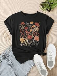 Wildflowers In Warm Tones Symbolize The Spiritual Connection With Nature And The Ephemeral Beauty Of Life, Evoking Harmony And Freedom. Comfortable Casual Women's T-Shirt For Everyday Wear - 黑色 - 查看 1
