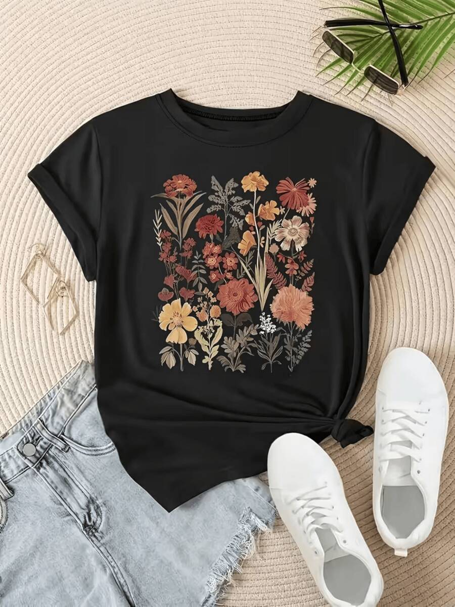Wildflowers In Warm Tones Symbolize The Spiritual Connection With Nature And The Ephemeral Beauty Of Life, Evoking Harmony And Freedom. Comfortable Casual Women's T-Shirt For Everyday Wear - 黑色 - 查看 1