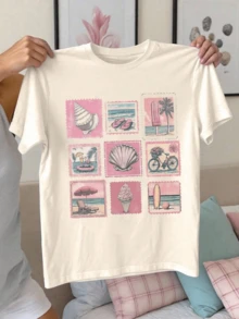Beach Motifs With Seashells, Ice Cream, Bicycle, Palm Trees, Waves And Sunset Evoke A Peaceful Holiday With A Relaxed Retro Feel And A Sweet, Comfortable Casual Women's T-Shirt For Summer - 白色 - 查看 1
