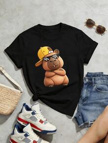 Camiseta de manga corta con cuello redondo suave y casual de verano para mujer, con estampado gráfico de capibara con gafas de sol, adecuada para uso diario y atuendos de primavera y verano. Negro - Negro - Ver 5