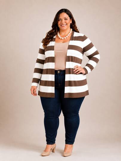 CARDIGAN COMFORTAVEL  PLUS SIZE LISTRADO VISCOLYCRA MEIA ESTAÇAO