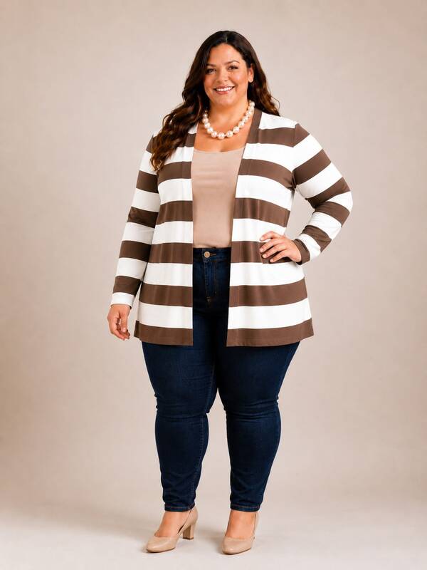 CARDIGAN COMFORTAVEL  PLUS SIZE LISTRADO VISCOLYCRA MEIA ESTAÇAO