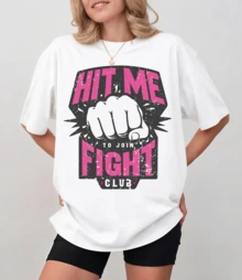Fight Club Graphic Streetwear Style T-Shirt, Pink Text And Fist, Unisex Relaxed Fit - White - View 1