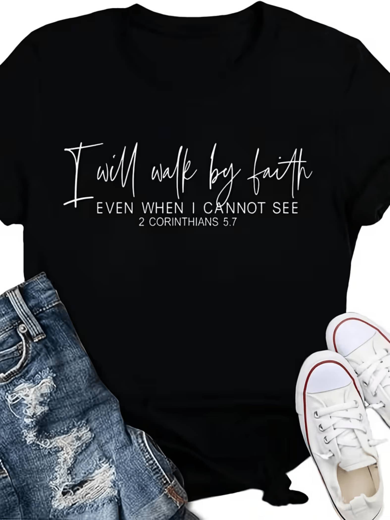 An Inspiring Message That Encourages You To Move Forward With Faith Even In The Most Uncertain Times, Reminding You Of The Inner Strength That Guides Every Step And Conveying Deep Hope Each Day. Casual Women's T-Shirt With Modern Motivational Text - 黑色 - 查看 1