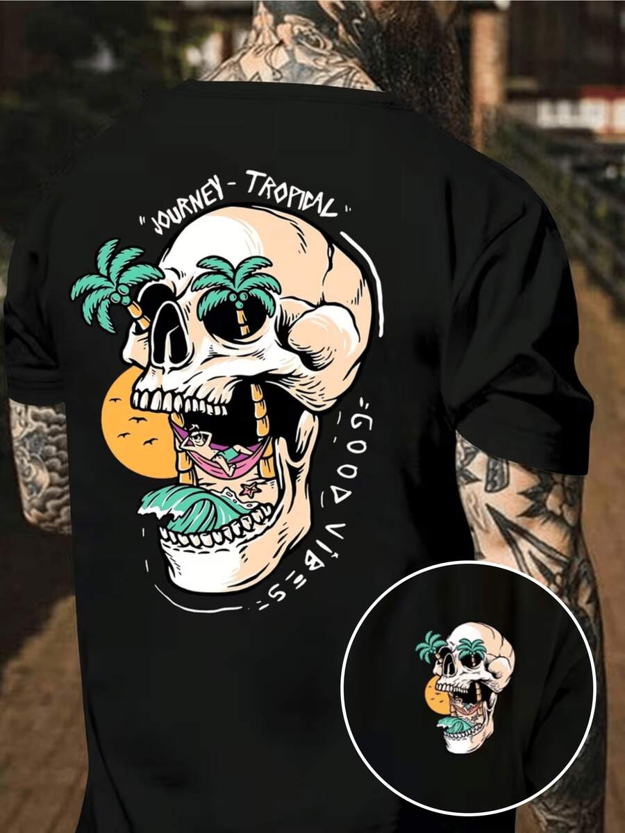 Skull With Palm Trees And Wave Representing The Freedom Of The Traveler's Spirit And The Search For Good Vibes In A Tropical Paradise At Sunset. Men's T-Shirt For Summer, Casual, Modern, Comfortable For Everyday Wear. - 黑色 - 查看 1