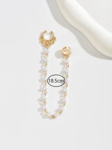 1 Set Bohemian Style Faux Pearl Chain Nose Ring & Ear Clip Combo, Elegant Beach Vacation Earrings For Women Without Pierced Ears, Fashion Party Accessories - Gold - View 3
