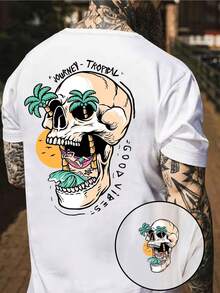 Skull With Palm Trees And Wave Representing The Freedom Of The Traveler's Spirit And The Search For Good Vibes In A Tropical Paradise At Sunset. Men's T-Shirt For Summer, Casual, Modern, Comfortable For Everyday Wear. - 白色 - 查看 8