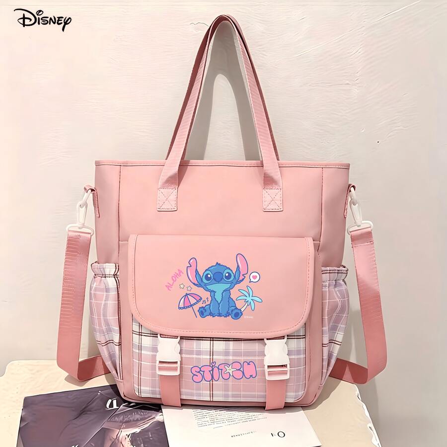Disney Lilo & Stitch Tote Bag, Aloha Stitch Pink Plaid Design, Multi-Purpose Crossbody Shoulder Bag For School, Work & Travel - Colour1 - View 1