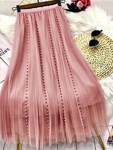 Pearl Tulle Skirt, High-Waisted Pleated A-Line Skirt, Elegant Party Dress. - 粉色 - 查看 1