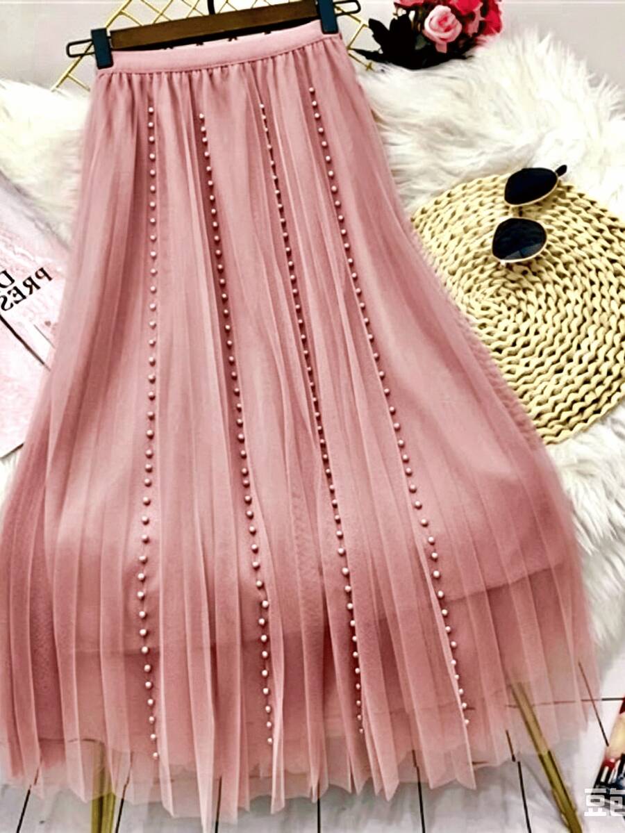 Pearl Tulle Skirt, High-Waisted Pleated A-Line Skirt, Elegant Party Dress. - 粉色 - 查看 1