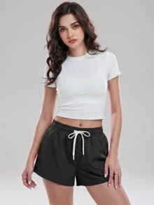 Pantalones cortos casuales con cintura con cordón elástico y bolsillos laterales - Negro - Ver 5