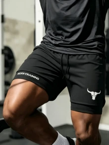 Men's Black Large Bull Letter Print Sports Outdoor Fitness Vacation Beach Shorts Summer - Black - View 3