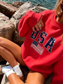 1pcs Women's Casual US Flag Print Round Neck Drop Shoulder Sweatshirt, Suitable For Vacation And Outdoor Activities, Women's Vacation Wear, Spring/Summer - 紅色 - 查看 6