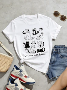 Women's Summer Casual Soft Round Neck Short Sleeve T-Shirt,Cats Are Best Friends Print Graphic Suitable For Spring Summer. - Blanco - Ver 5