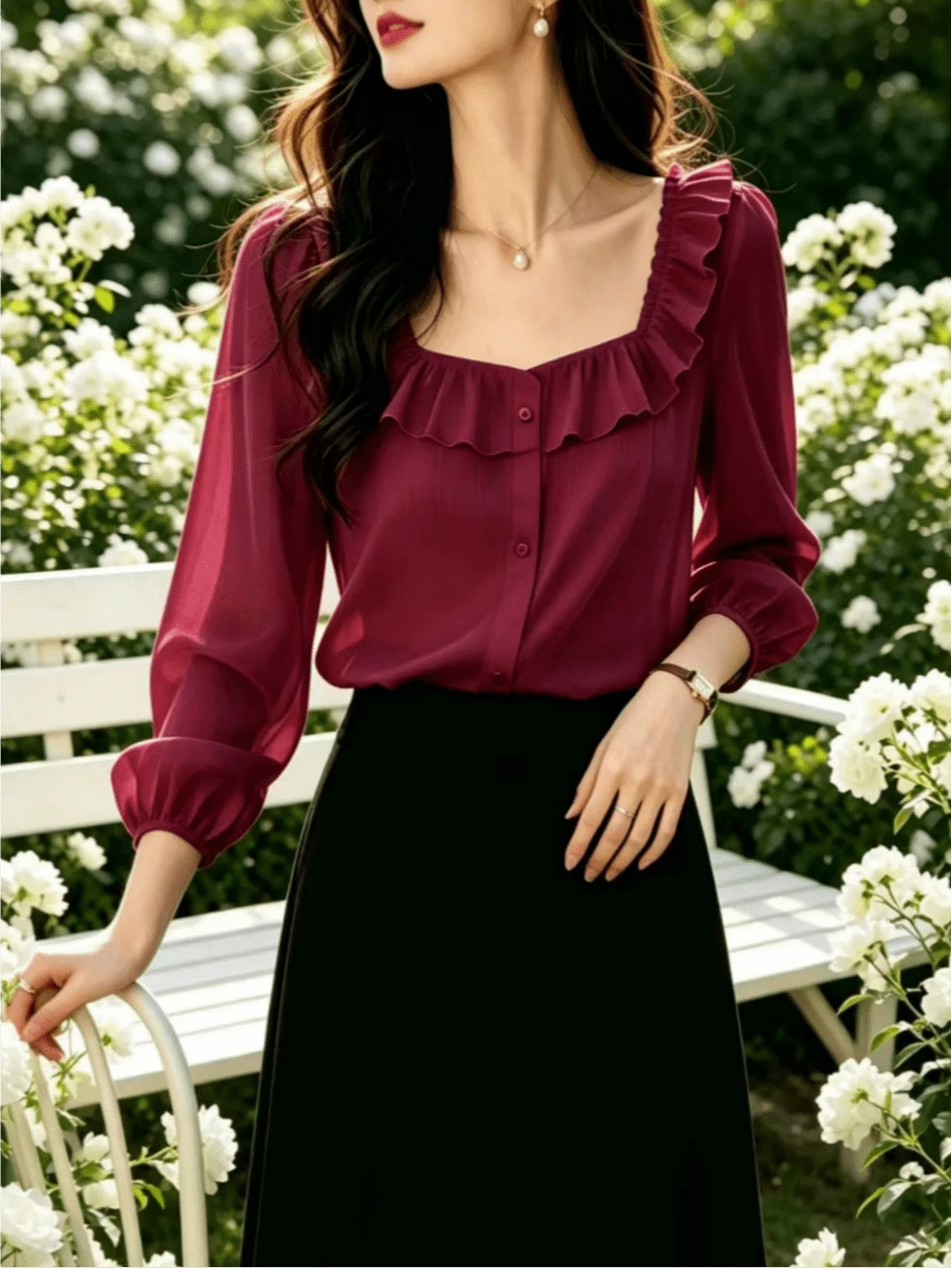 Blusa con cuello cuadrado, botones delanteros y volantes, diseño único con efecto transparente para mujeres