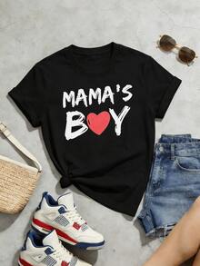 Women's Soft And Casual Short-Sleeved Crew Neck T-Shirt With A "Mama's Boy" Graphic Print With A Red Heart, Suitable For Everyday Wear In Spring And Summer. Black. - 黑色 - 查看 5