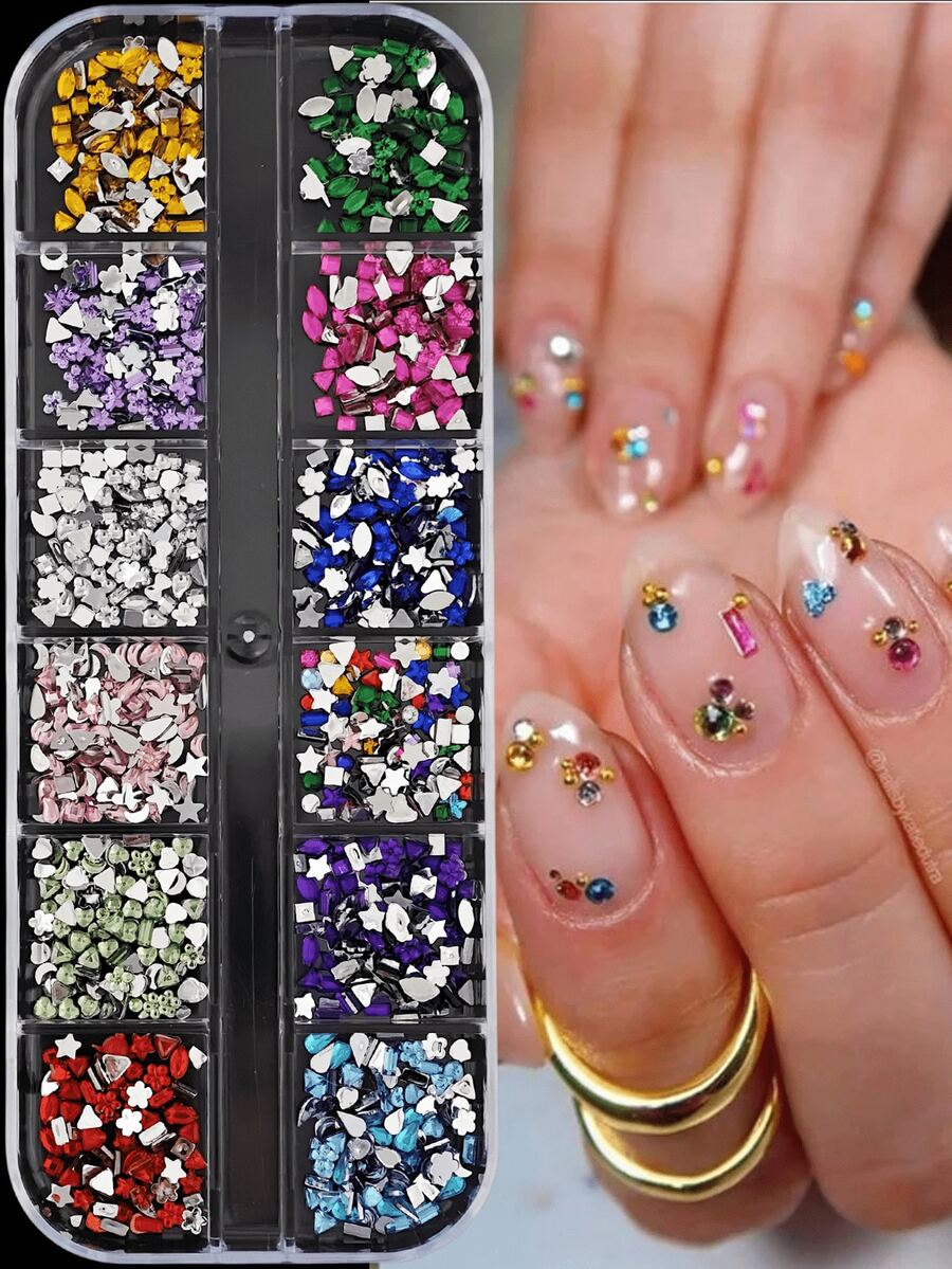 12 Grids Super Shiny Mini Resin Flat Back Rhinestones, Asymmetric Shape 3D Nail Art Charms For DIY Manicure & Craft Decor - Multicolor - View 1