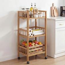 EZIFY Three-Tier Wooden Trolley, Fenced Storage Rack, Omnidirectional Caster Mobile Kitchen Trolley, Easy To Clean, Suitable For Bathrooms, Bedrooms, And Living Room Shelves. - View 5