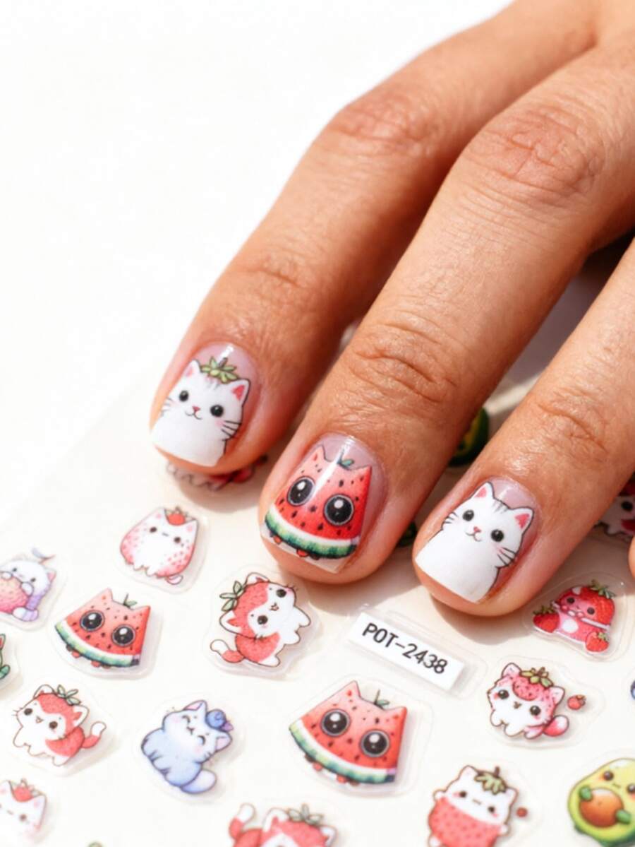 1pc Fruit Cat Nail Stickers, Self-Adhesive One-Time Embossed Nail Art Decals, Cute Soft Design Nail Stickers Suitable For Daily & Date, Adorable Pattern Easy To Apply & Durable - Multicolor - View 1