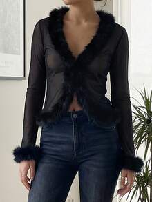 Women's Faux Fur Fuzzy Long Sleeve Top Mesh Lace Open Front Y2K Tee Shirts For Nightclub, Music Festival, Date Night, Party  Casual Daily Wear - màu đen - Xem 5