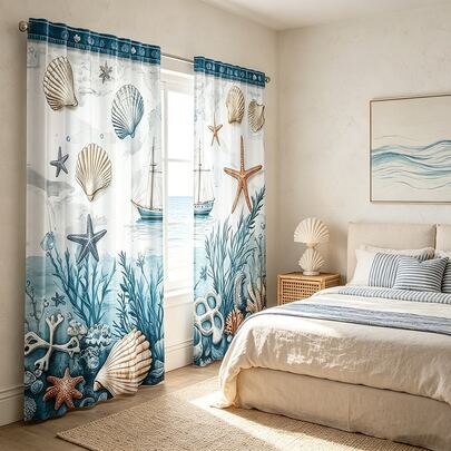 2pcs Vintage Beach Themed Cashier, Designed With Sea Stars And Seashells, Made Of 100% Polyester Material, Suitable For Living Rooms, Bedrooms, Study Rooms, And Dining Rooms - Suitable For Any Season, Versatile Decorative Curtains