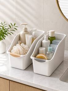 2/1pc Pull-Out Under Sink Storage Bin, Sliding Organizer Box For Kitchen Cabinet And Bathroom, Plastic Organizer With Front Handle, Slanted Opening Design For Easy Access, Large Capacity Storage Basket With Drainage Holes, Durable Moisture-Proof And Stain-Resistant Organizer Bin, Suitable For Cleaning Supplies, Countertop Clutter And Household Items - Multicolor - View 2