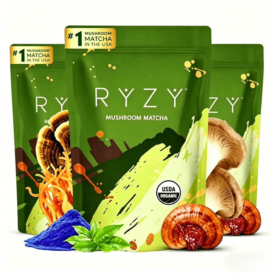 RYZY Matcha Starter Bundle – 6-Mushroom Superblend With Organic Ceremonial Matcha For Mental Clarity, Immunity & Radiance | 60 Servings - 3 chiếc - Xem 1