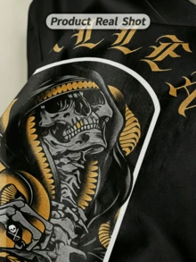 Women's Summer Casual Soft Round Neck Short Sleeve T-Shirt,Sullen Skull & Snake Tattoo Print Graphic Suitable For Spring Summer. - Negro - Ver 3