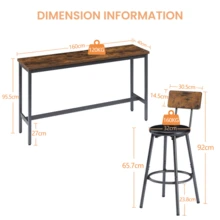 Long Bar Table With 3 Upholstered PU Bar Stools, Industrial Bar Table And Chairs For The Kitchen, Breakfast Room, Living Room, Banquet Hall, Rustic Brown And Black - Rustic Brown - View 2