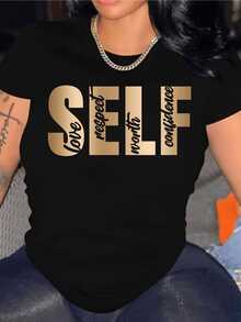 Inspirational Phrase That Conveys Love, Respect, Courage, And Self-Confidence With Modern And Elegant Typography. Casual Women's T-Shirt For Everyday Wear And Urban Combinations. - 黑色 - 查看 8