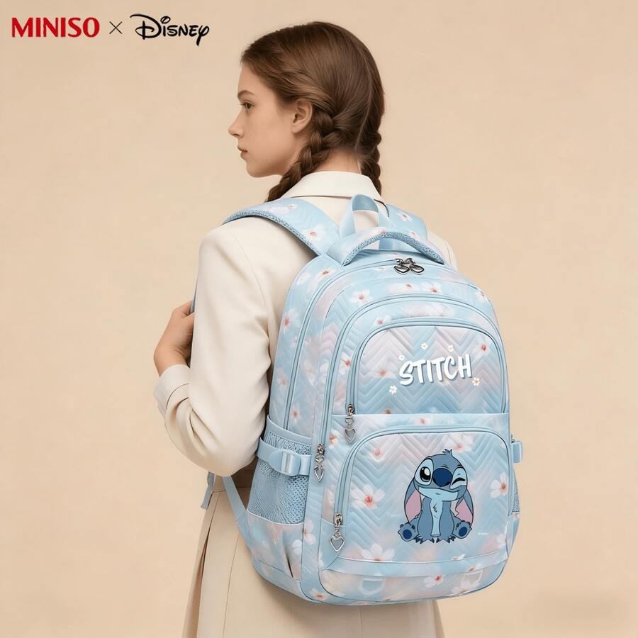 Balo MINISO X Disney Stitch, túi đi học màu xanh nhạt họa tiết hoa nhuộm loang phù hợp cho công sở, học tập và du lịch - màu xanh nhạt - Xem 1