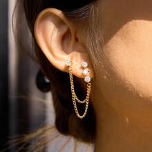 18K Gold Plated 1 Pair Fashion Jewelry Charming Earrings Stainless Steel Gold Plated Multi-Ear Wire Gothic Style Women's Earrings Gift For Sisters Gift For Friends Punk - Multi-diamond Double Ear Wire - View 10