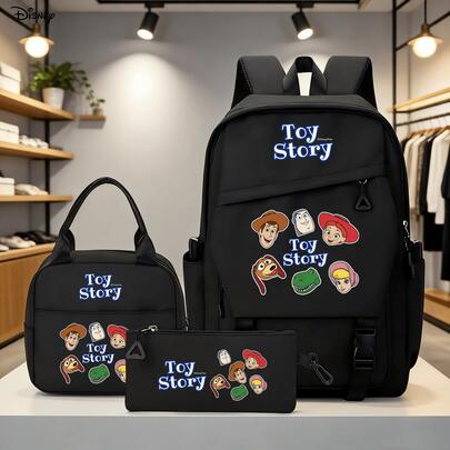 Bộ 3 món ba lô màu đen in hình các nhân vật trong phim Toy Story của Disney, gồm túi đựng laptop, túi giữ nhiệt và hộp đựng bút, thích hợp cho văn phòng, học tập và du lịch.