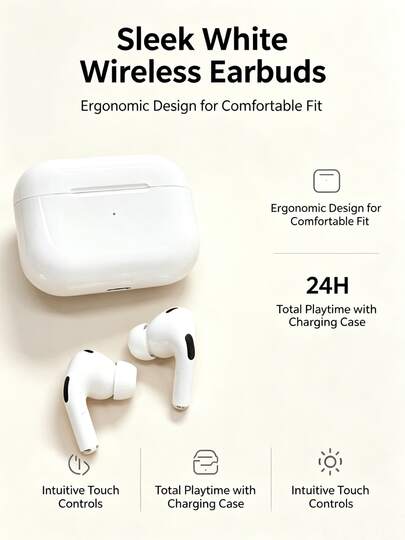 Auriculares inalámbricos verdaderos - Compatibles con dispositivos Apple y Android, con micrófono incorporado, resistentes al sudor, hasta 24 horas de tiempo de reproducción - Blanco, Auriculares > Inalámbricos, Auriculares inalámbricos verdaderos, Auriculares
