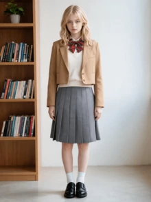 女童学院风A字裙，春夏校园穿搭，拉长腿部线条，松紧腰带穿着舒适，活动自如，精致褶裥，挺括身形，高腰A字设计，精细缝线提升品质，适合上学、派对等多种场合。 - 灰色 - 查看 4