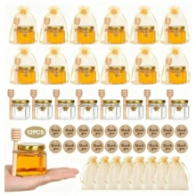 12pcs 45ml Hexagonal Glass Mini Honey Jars With Gold Lids, Labels, Jute Rope, Gold Gift Bags, Party Wedding Favor Containers - 12-piece Set - View 1