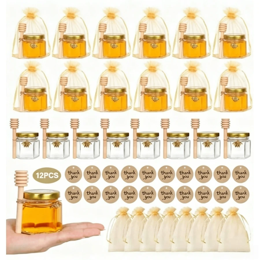 12pcs 45ml Hexagonal Glass Mini Honey Jars With Gold Lids, Labels, Jute Rope, Gold Gift Bags, Party Wedding Favor Containers - 12-piece Set - View 1