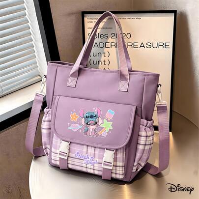 Túi Tote Disney Lilo & Stitch - Túi đeo vai họa tiết nhiệt đới "Stitch & Angel" kẻ caro tím, có thể dùng làm túi xách tay, túi tote đựng laptop, túi đi dạy, túi đeo chéo, dễ mang theo, túi thời trang phù hợp đi làm, đi học và đi lại hàng ngày