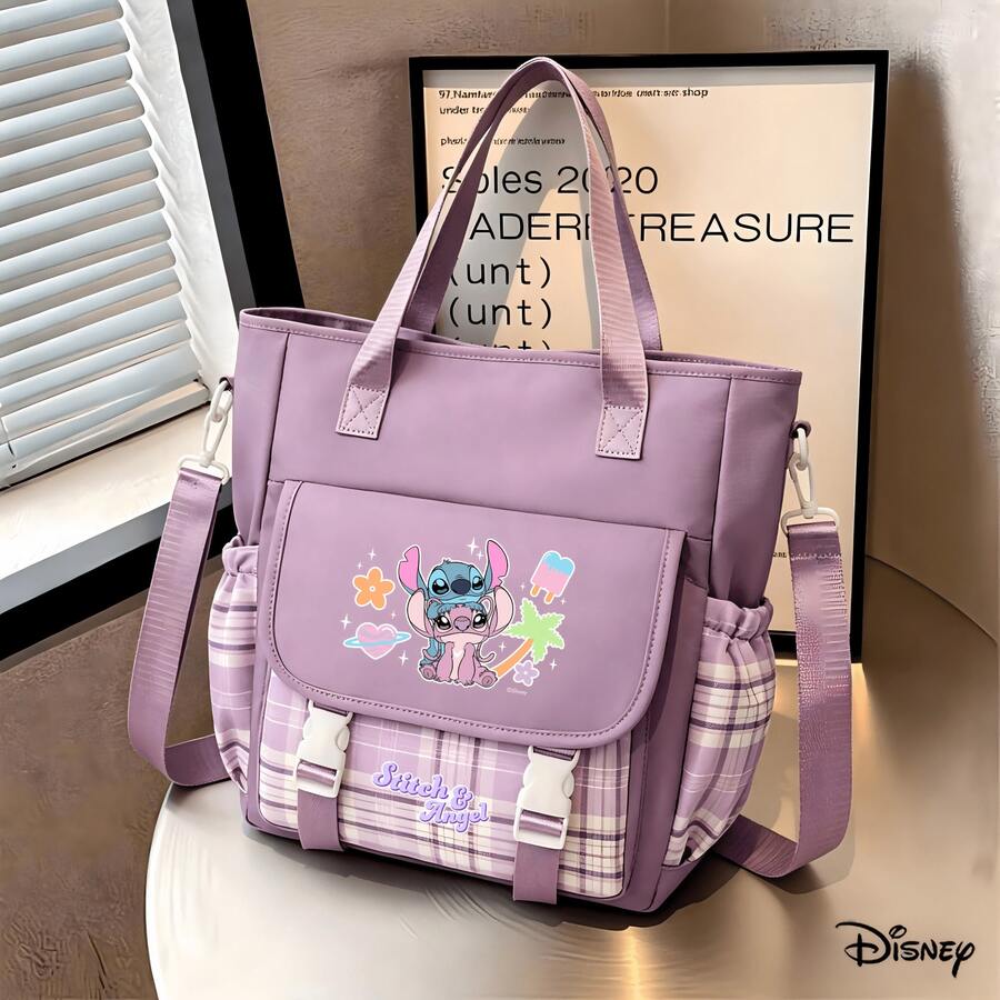 Túi Tote Disney Lilo & Stitch - Túi đeo vai họa tiết nhiệt đới "Stitch & Angel" kẻ caro tím, có thể dùng làm túi xách tay, túi tote đựng laptop, túi đi dạy, túi đeo chéo, dễ mang theo, túi thời trang phù hợp đi làm, đi học và đi lại hàng ngày - màu1 - Xem 1