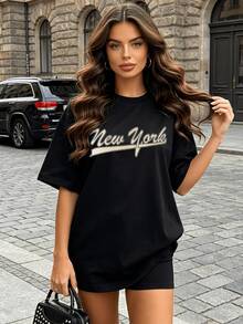 Women's Summer Casual Soft Round Neck Short Sleeve T-Shirt,Beige New York Script Print Graphic Suitable For Daily Spring And Summer Wear.White - Black - View 2