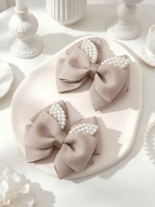 2pcs Satin Pearl Bow Hair Clips, French Girl Side Bangs Claw Clips, Versatile Hair Accessories - Chocolate Brown - View 2