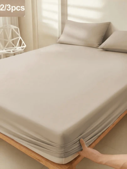 2/3pcs Solid Khaki Bedding Set (1pc Fitted Sheet + 2pcs Pillowcases), Mattress Protector, Suitable For All Bed Sizes - Twin, Full, Queen, King, Soft & Breathable, Fitted Sheet Depth Up To 11.8 Inches, Home Textile