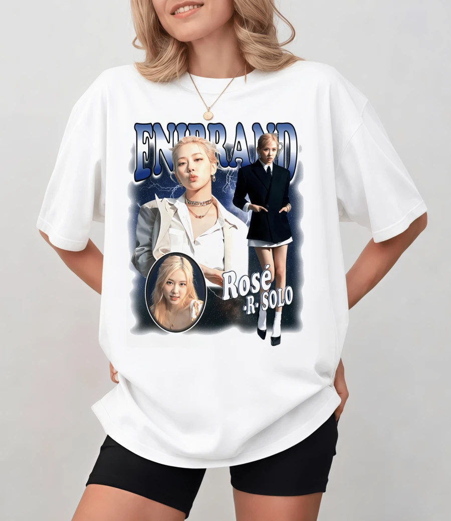 Rosé Retro-Style Graphic T-Shirt, Photo Collage And "ENIBRAND" Text, Unisex Relaxed Fit - White - View 1