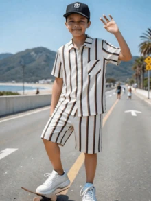 夏季新款男童棕白条纹休闲口袋POLO领短袖衬衫和短裤两件套，适合日常、上学、户外活动穿着。 - 棕色 - 查看 9